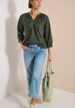 Blouse met 3/4 mouwen en gespleten hals in effen kleur
