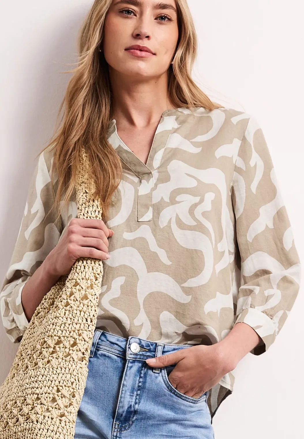 Blouse met gespleten hals van linnenmix