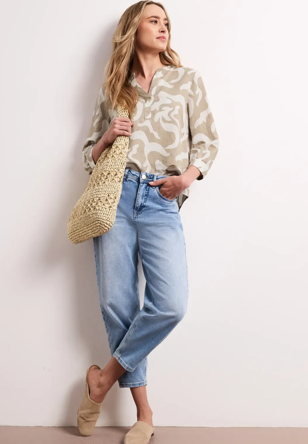 Blouse met gespleten hals van linnenmix
