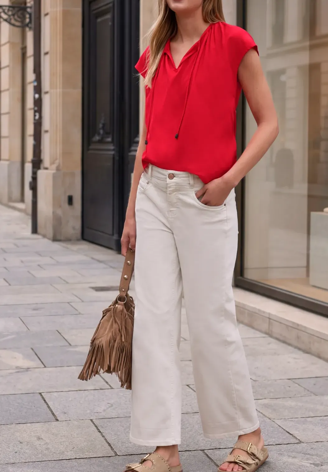Blouse met hangende schouder en linten