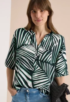 Blouse met korte mouwen, gespleten hals en print