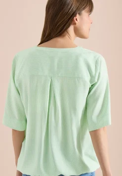 Blouse met korte mouwen, gespleten hals en strepen