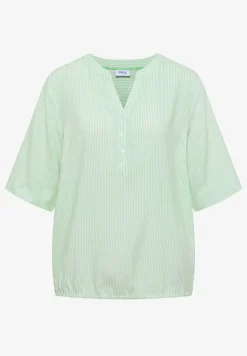 Blouse met korte mouwen, gespleten hals en strepen