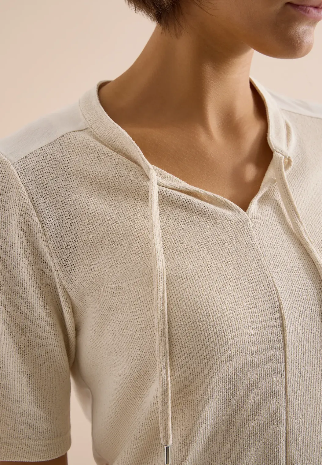 Blouse met korte mouwen, gespleten hals en linten