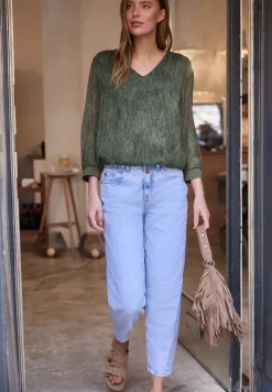 Blouse met lange mouwen en V-hals in chiffon