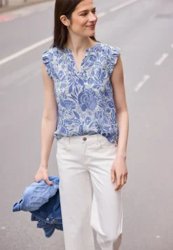 Blousetop met gespleten hals en volants