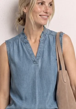 Blousetop met ruches in denimlook