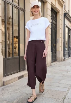 Broek met wijde pijpen in linnenlook Mid Waist