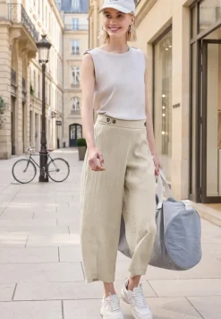 Broek met wijde pijpen in linnenlook Mid Waist
