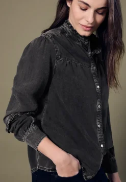 Denim blouse met ruches
