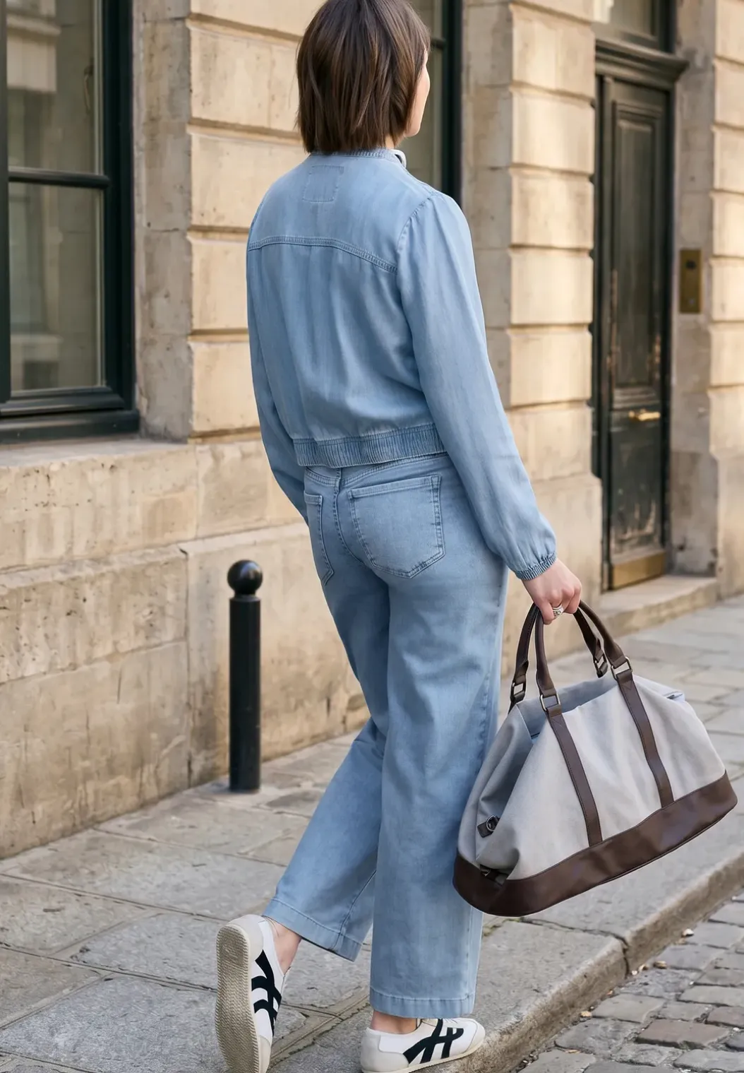 Denim-look blouson met ronde hals
