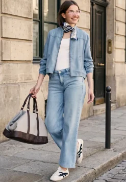 Denim-look blouson met ronde hals