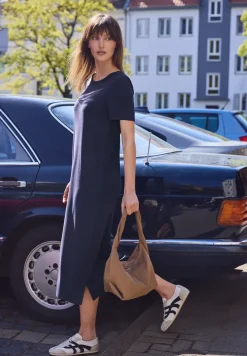 Jersey midi-jurk met pofmouwen