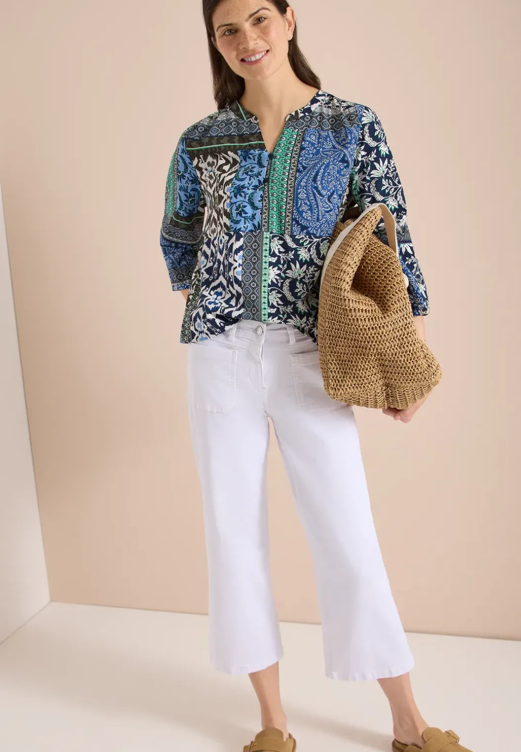 3/4-mouwen blouse met patchworkprint
