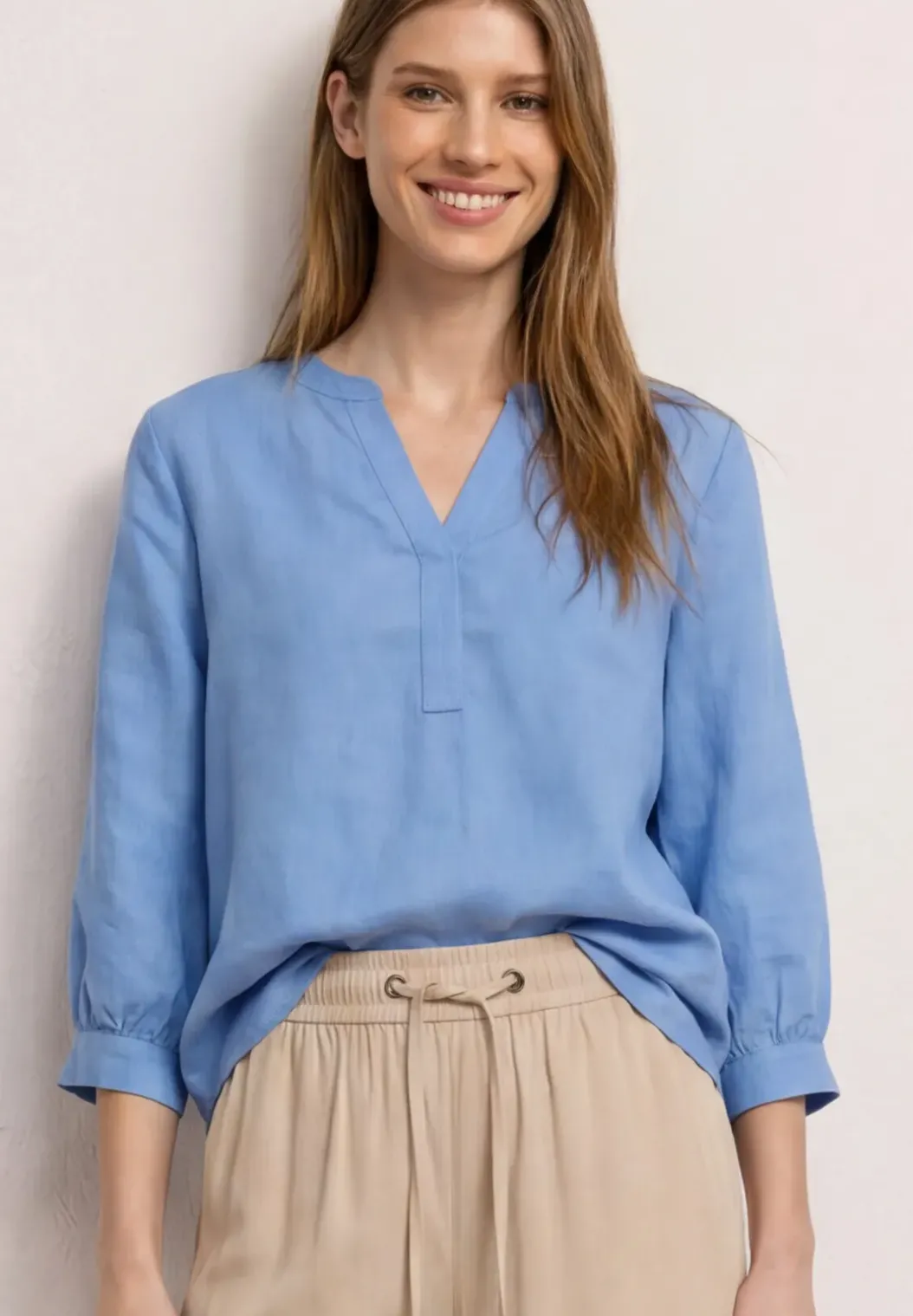 3/4-mouwen blouse van linnenmix met gespleten hals