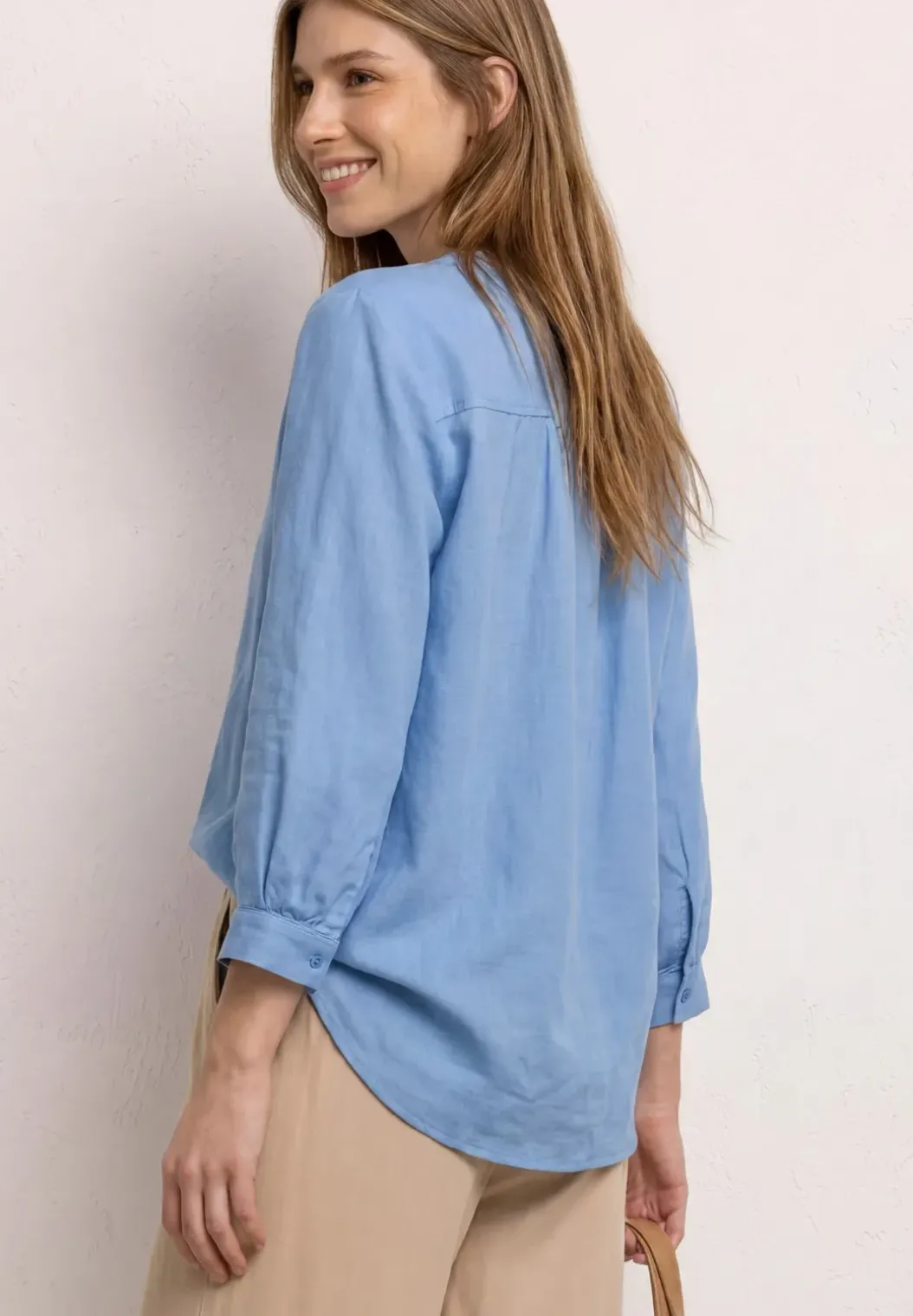 3/4-mouwen blouse van linnenmix met gespleten hals
