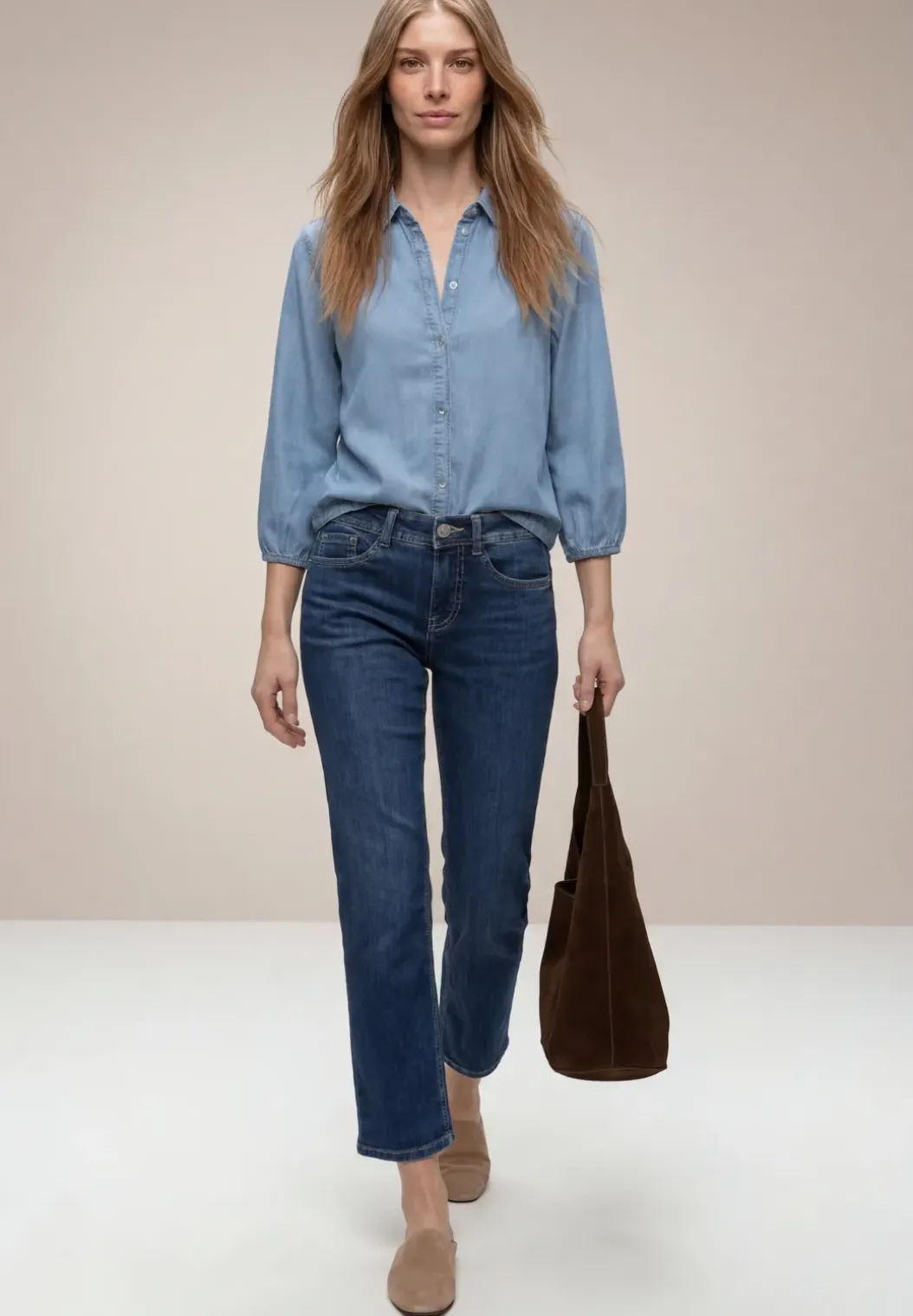 Overhemdblouse met 3/4 mouwen in denimlook