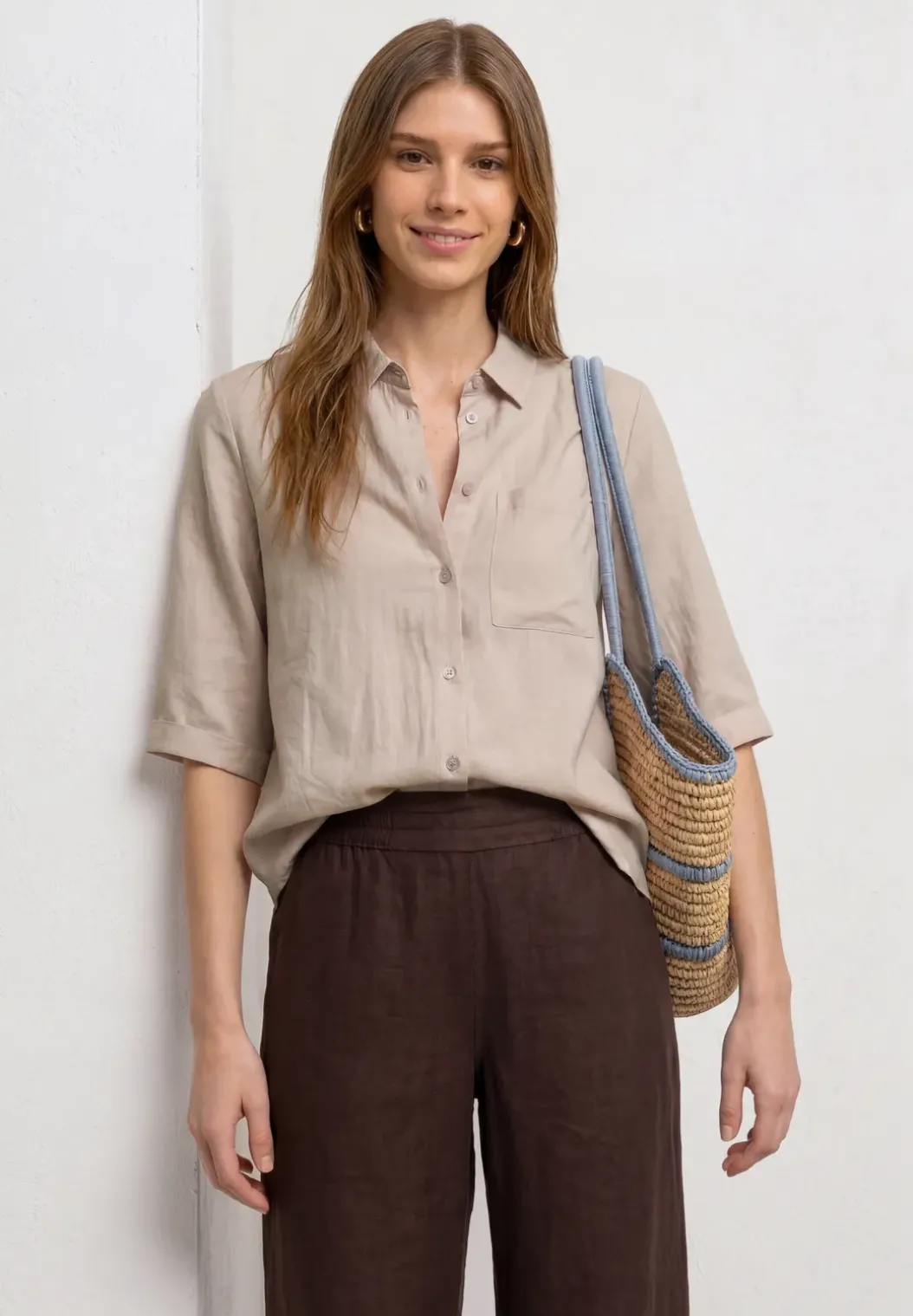 Overhemdblouse met 3/4 mouwen en borstzak