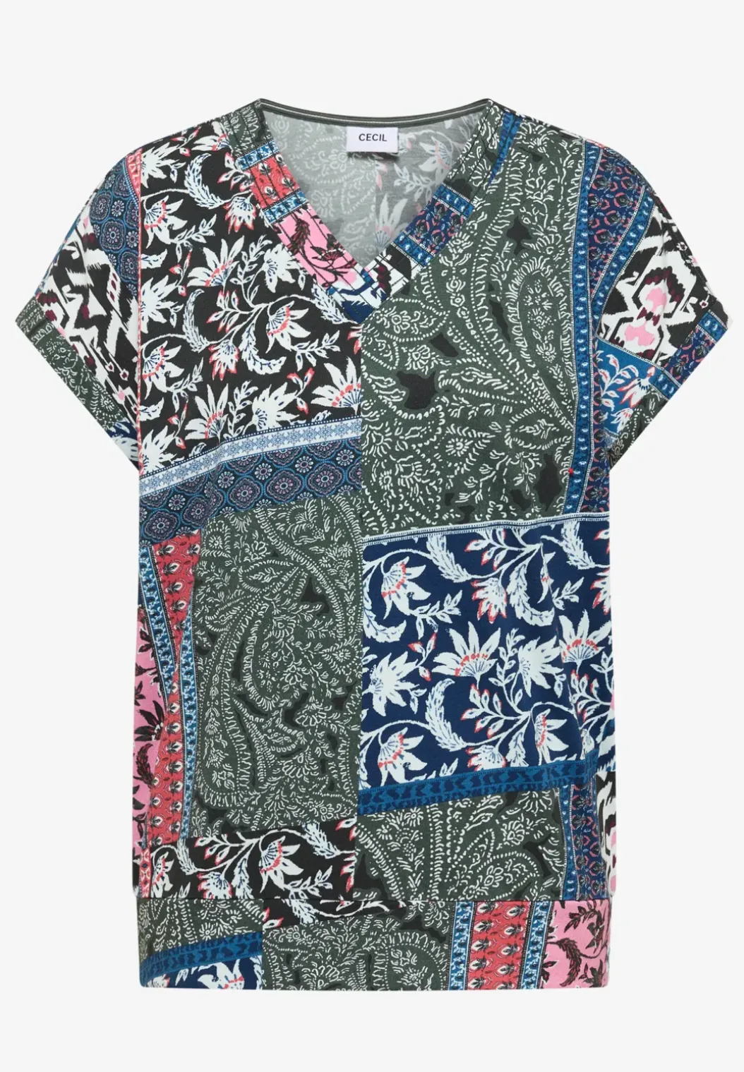 Shirt met V-hals en patchworkprint